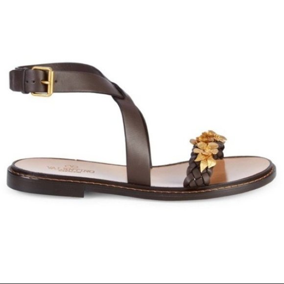 Valentino Garavani brown leather braided strappy sandals gold flower embroidery - Picture 14 of 14